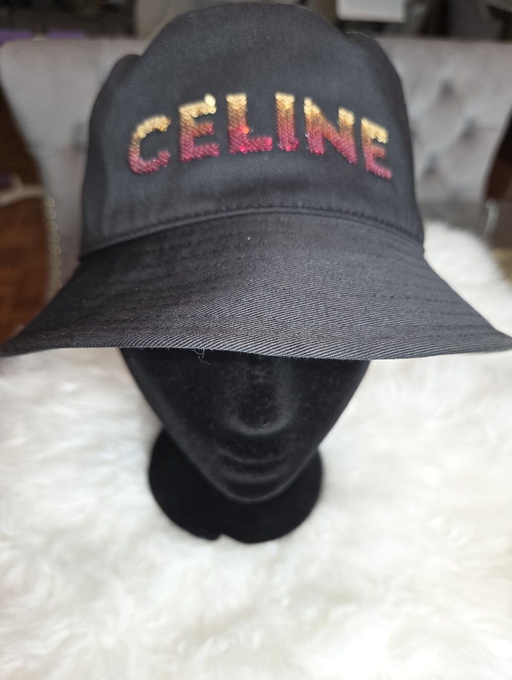 Celine Black Bucket Hat with Gradient Multicolor Logo